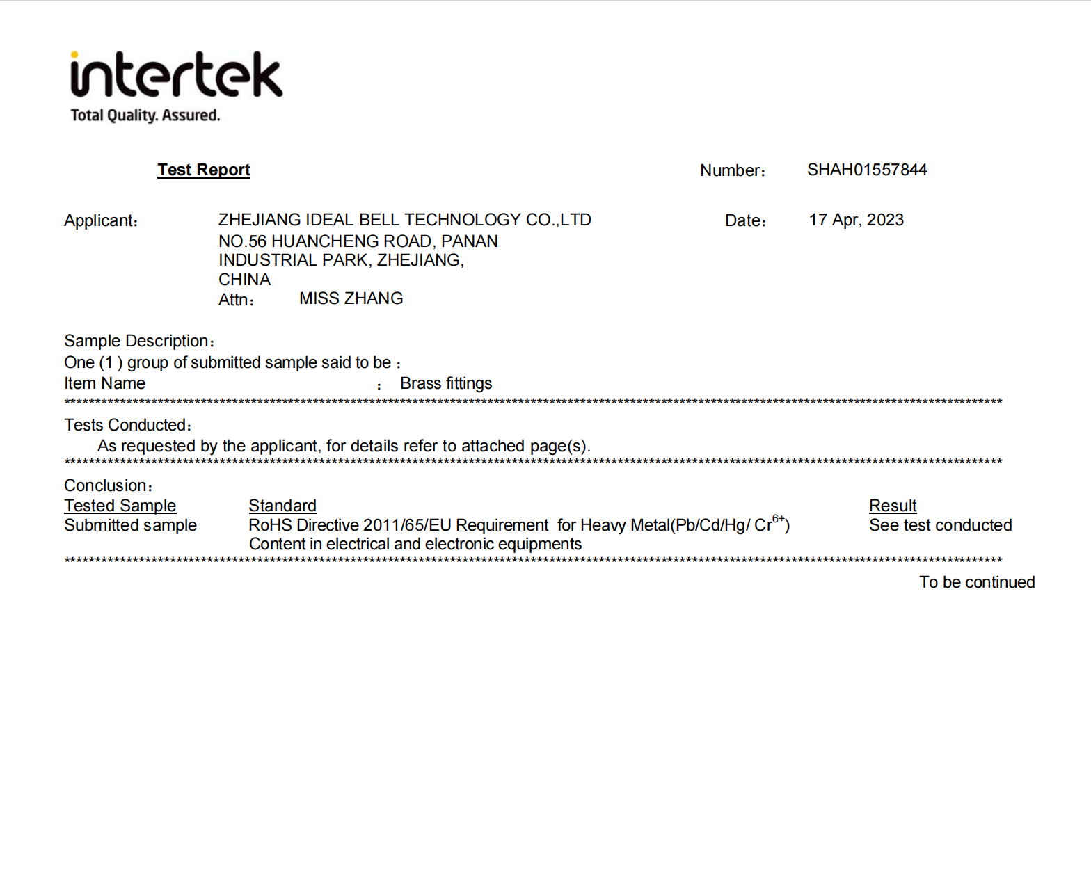 ROHS Certification for Brass Fittings