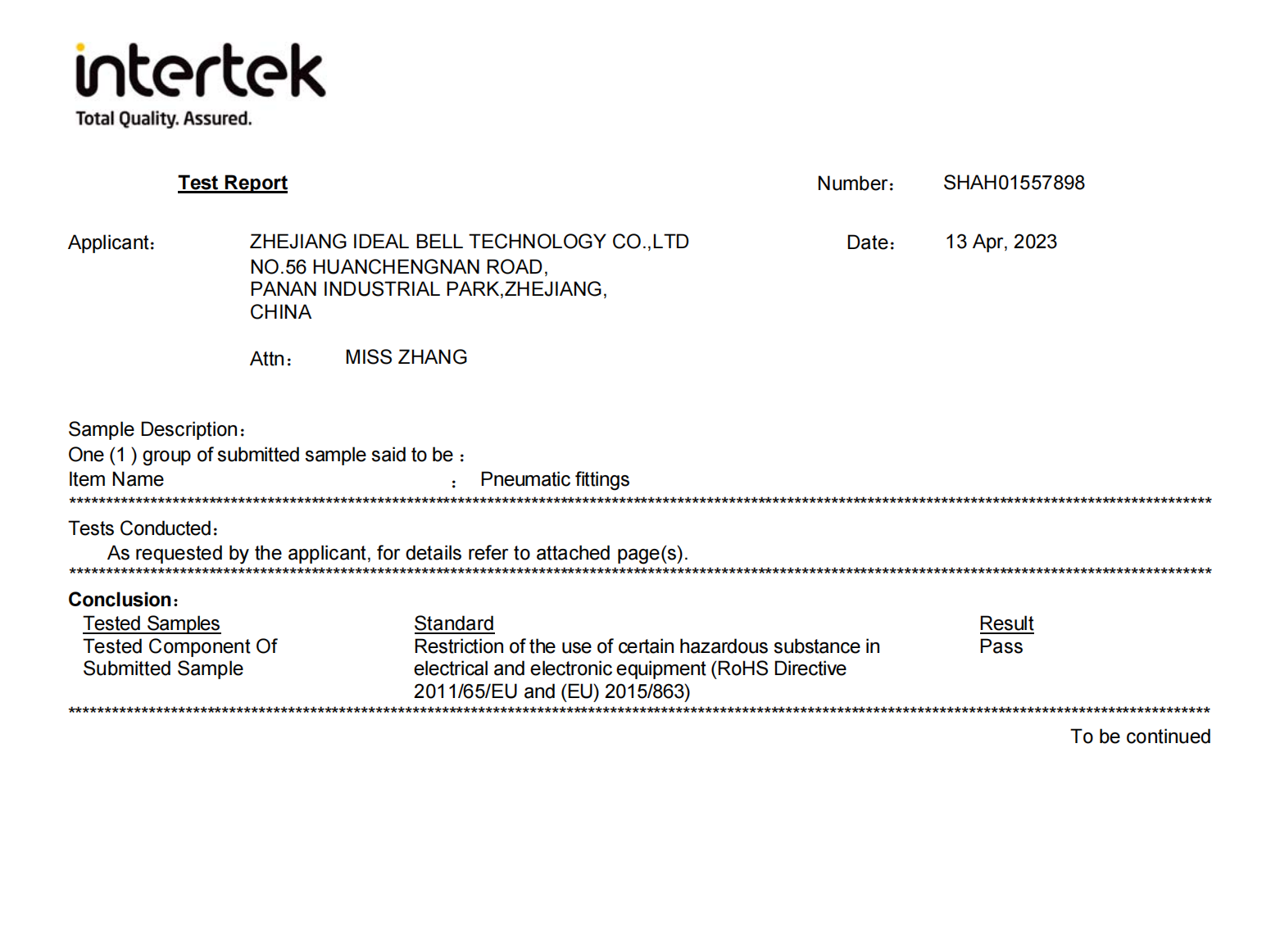 ROHS Certification for Plastic Fittings